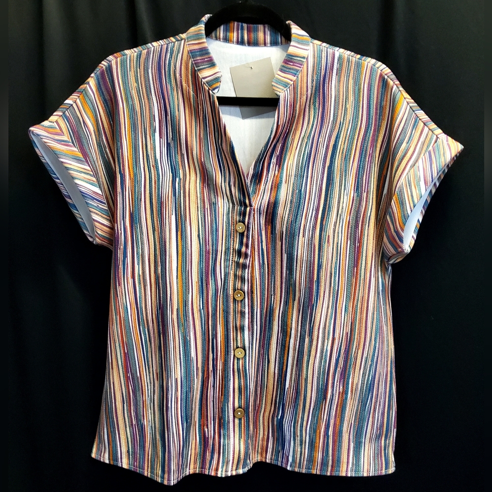 New - Mixed color, stripped, short sleeve, v neck, button accents ladies blouse